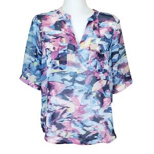 Two by Vince Camuto Top Small Blue Watercolor Short Sleeve Chest Pockets Sheer